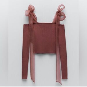 Zara Organza Tie Shoulder Ribbed Sweater